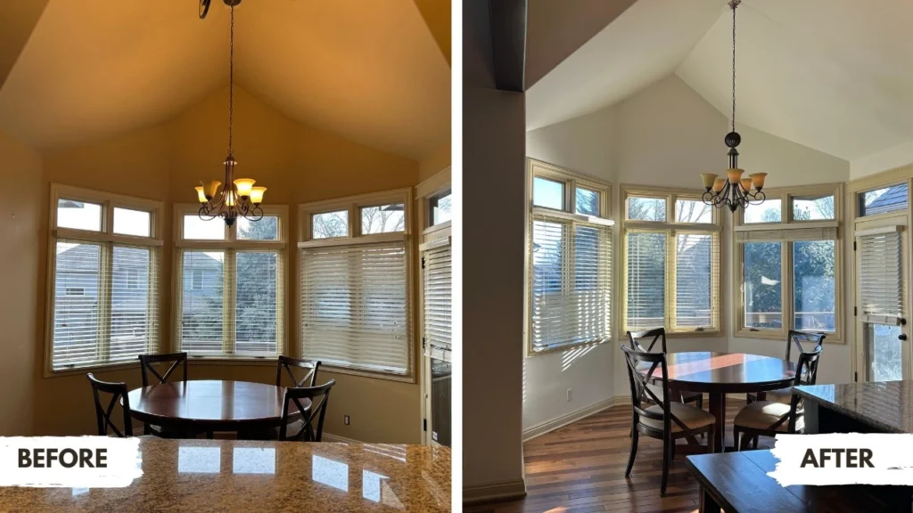 Before and after of a dining room, transforming yellow walls to bright white for a modern, spacious look.
